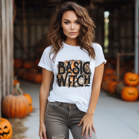 Basic Witch t-shirts with orange lightening bolt and purple leopard print.