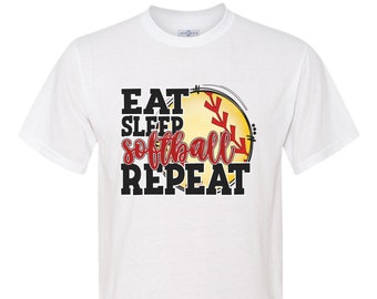 Eat sleep softball repeat spirit wear on adult unisex short sleeve t-shirts.