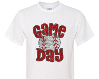 Baseball Game Day spirit wear faux embroidery sequins on adult unisex short sleeve t-shirts.