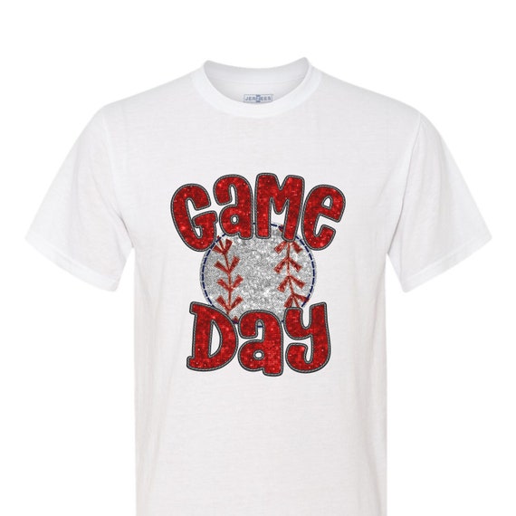 Baseball Game Day spirit wear faux embroidery sequins on adult unisex short sleeve t-shirts.