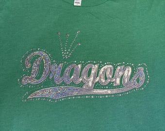 Rhinestones & Sequins Dragons spirit wear: Large Bella Canvas heathered green t-shirt