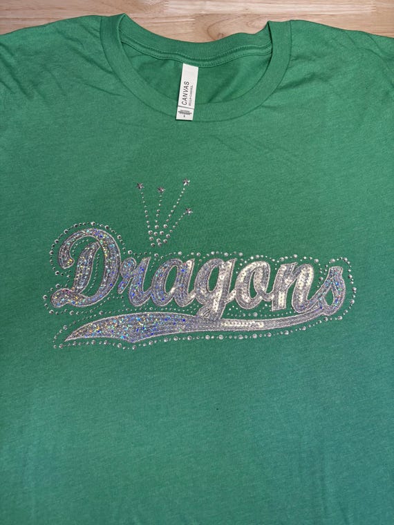 Rhinestones & Sequins Dragons spirit wear: Large Bella Canvas heathered green t-shirt