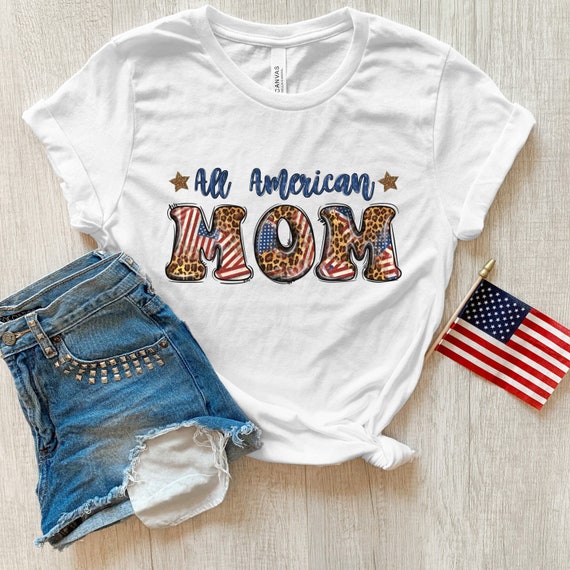 All American Mom with leopard print, red, white, blue stars USA flag t-shirts.