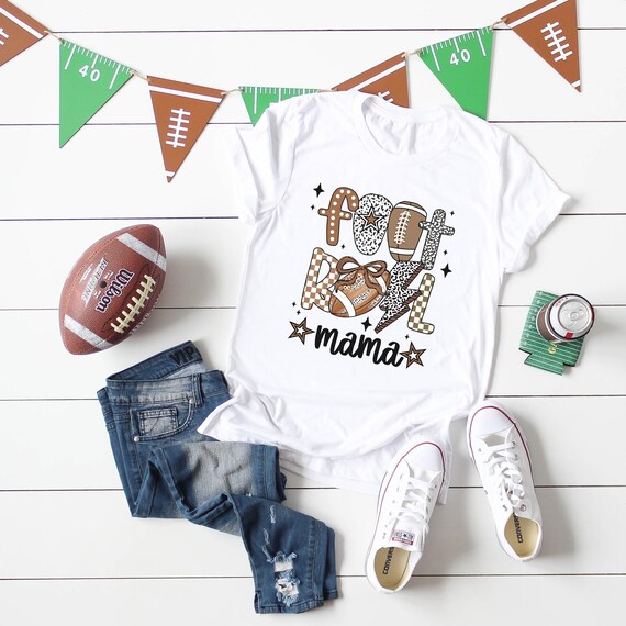 Checkered football mama leopard print t-shirts.
