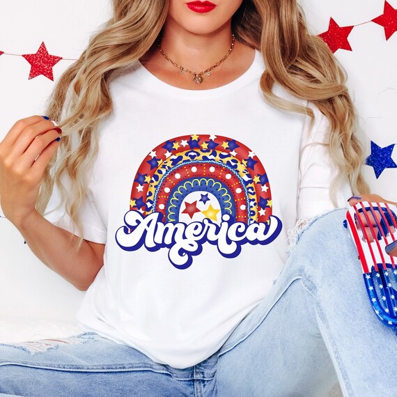 Red, white, and blue America stars and stripes rainbow t-shirts.