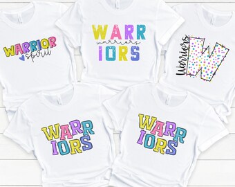 Warriors school mascot spirit wear t-shirts with custom name on the back.