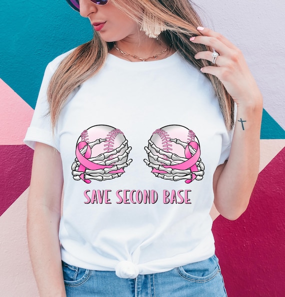Save second base Breast cancer awareness- baseball softball pink ribbon t-shirts.