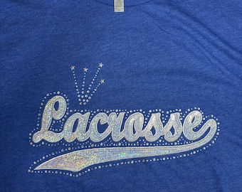 Rhinestones & Sequins Lacrosse spirit wear: 3XL Next Level heathered royal blue t-shirt