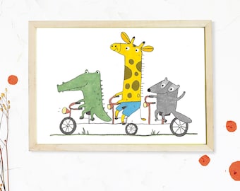 A4 nursery picture "Three Friends" / nursery wall art / baby room decoration / poster / badger crocodile giraffe nursery