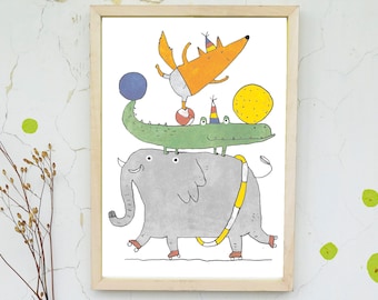 A4 nursery painting "circus" / jungle / nursery wall art / baby room decoration / poster / elephant crocodile fox nursery