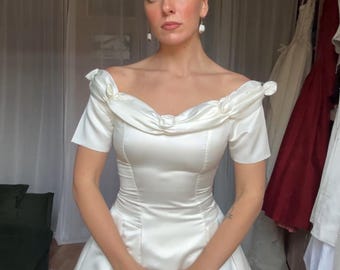 Vintage 1990s Wedding Dress, Rosettes, Off The Shoulder, White Satin
