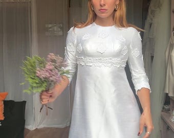 Vintage 1960’s Wedding Dress, Empire Waist, Regency Inspired, Floral Appliqué, Swingin Sixties