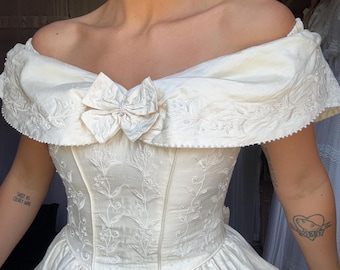 Vintage 1980s Wedding Dress, Ivory Romantic Off The Shoulder, Raw Silk, Fairytale Basque Waist
