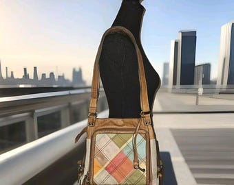 Fossil Patchwork Handbag Bag Leather Canvas Multicolor 10.5x10