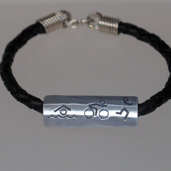 Braided Leather Sterling Silver Triathlon Bracelet - Multisport - Athlete Gift - Tri - Swim Bike Run - Ironman