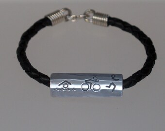 Braided Leather Sterling Silver Triathlon Bracelet - Multisport - Athlete Gift - Tri - Swim Bike Run - Ironman