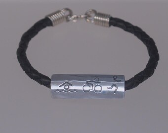 Braided Leather & Sterling SilverTriathlon Bracelet - Athlete Gift - Multisport - Du - Run Bike Run