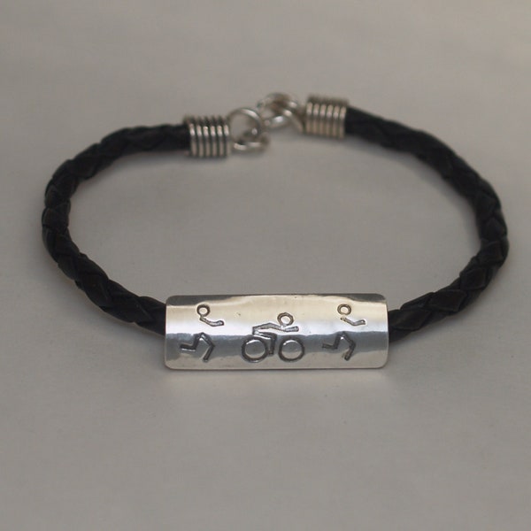 Braided Leather & Sterling Silver Duathlon Bracelet - Athlete Gift - Multisport - Du - Run Bike Run - Ironman