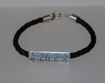 Sterling Silver & Braided Leather Marathon Bracelet –  Finish Line Runner Gift