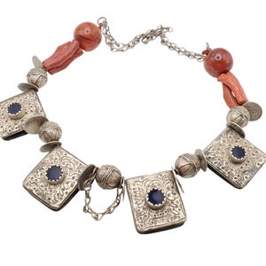Antique Moroccan Berber natural red Coral Silver Pendants Necklace, Berber Necklaces,Ethnic Jewelry,Tribal Jewelry