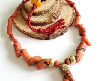 Antiguo bereber natural coral beads collar 22 K oro sobre cuentas de cera, rama de coral rojo, coral mediterráneo, coral genuino, joyería de coral étnico