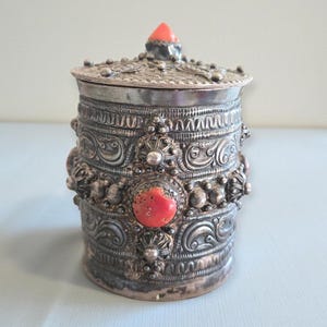1930s Algerian Kabyle Silver box A decorative container Enamel & Red Coral Tribal Jewelry