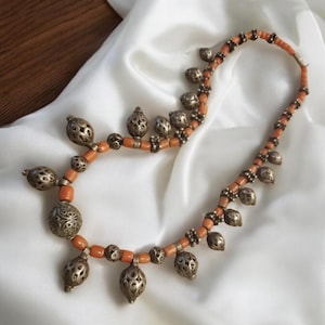 Moroccan Old Berber natural Coral Silver Beads Necklace, Berber Necklaces, Ethnic Jewelry, Tribal Jewelry