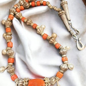 Antique Berber natural Coral Old Rajasthan India Silver Beads Necklace,Hand Crafted Silver,Pendants Necklace,Ethnic Jewelry,Tribal Jewelry