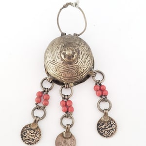 antique Moroccan silver chased circular talisman box three pendants, Berber Amulet,Berber Jewelry,African Jewelry,Charm Pendant,