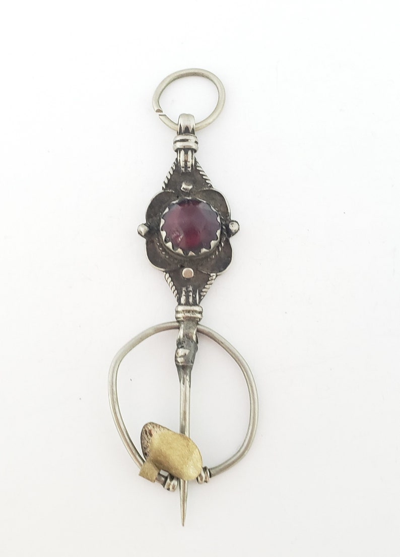 Fibula Pendant, Berber Amulet,Berber Jewelry,African Jewelry Antique Berber Silver Fibula Pendant red glass bead Southern Morocco