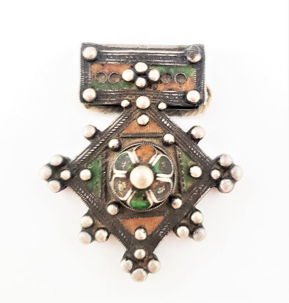 Antique Moroccan Large Silver Enamel Cross Pendan… - image 4