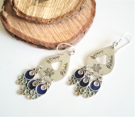 Moroccan green yellow blue  Enamel Earrings sterl… - image 2