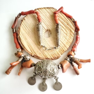 Antique Moroccan Red Coral Silver Enameled Ball Pendent with Coin necklace ,Berber Necklaces,Ethnic Jewelry,Tribal Jewelry