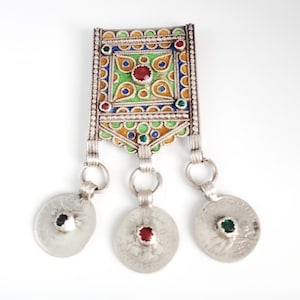 Antique Berber Silver enamel HIRZ cabochon  Amulet Pendant coins ,silver 925, Moroccan Amulet ,Berber Jewelry,TIZNIT Jewelry,