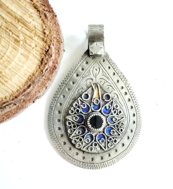 Antique Berber Silver Pendant: Moroccan Enamel Glass Amulet