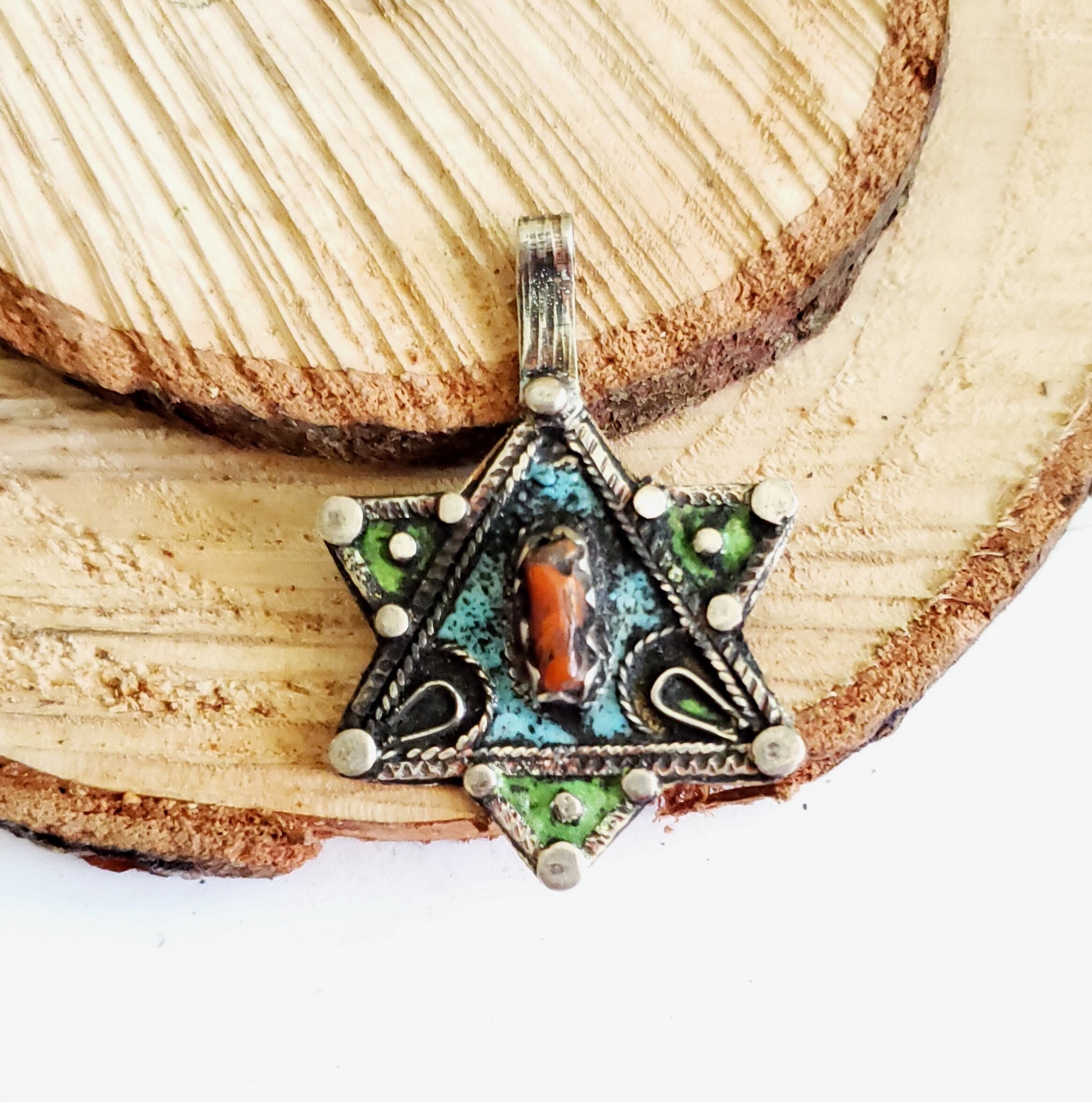 Old Berber silver pendant with enamel and filigrees genuine ethnic jewelry