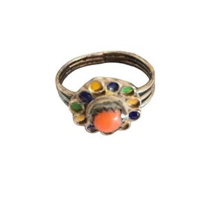 Moroccan Talismanic Berber Silver Enamel Coral Ring size 8.5, tribal jewelry, Silver, Ethnic Jewelry, Tribal Jewelry