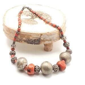 Moroccan Old Berber natural Coral Silver Beads Necklace, Berber Necklaces, Ethnic Jewelry, Tribal Jewelry