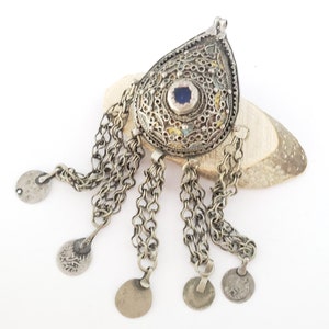 Antique Moroccan Silver enamel Berber Teardrop Pendant with dangle coins, Berber Amulet,Berber Jewelry,African Jewelry,Charm Pendant,