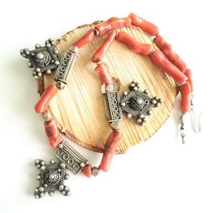 Antique Moroccan Berber natural red Coral Berber Old silver cross Pendants Necklace ,Berber Necklaces,Ethnic Jewelry,Tribal Jewelry