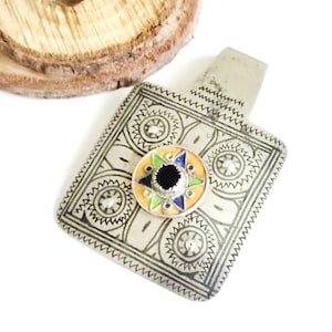 Antique Moroccan Silver Enamel and Glass cabochon Berber Pendant, Berber Amulet,Berber Jewelry,African Jewelry,Charm Pendant,