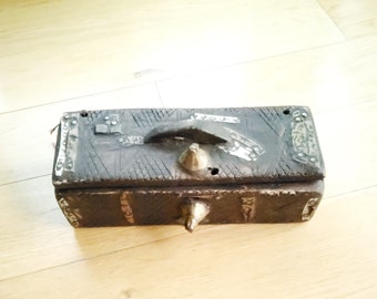 Antique Moroccan Tuareg Kitab Chest: Wooden Brass Inlay, Mauritania Decor