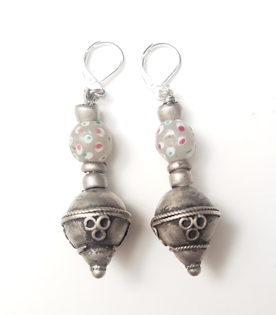 Old silver glass Beads Earrings Ethiopia Ethnic Tr