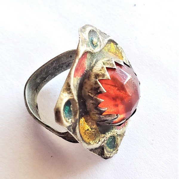 Vintage Moroccan Hand Made old glass Enameled silver Berber Ring size 8,Ethnic Rings ,Tribal Jewelry, Moroccan Rings, Berber Jewelry