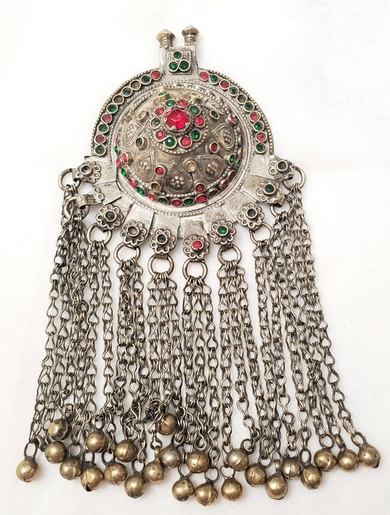 Antique Large Yemen Silver Pendant With Bells Tribal Jewelry hand