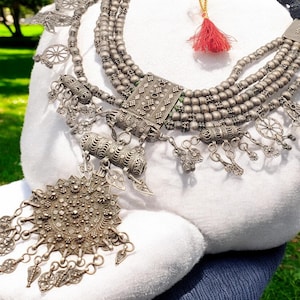 Antique Massive Yemenite silver Bedouin Lazim Kirdan necklace,1910s, Multistrand Necklace, Islamic Filigree, stacking layering.