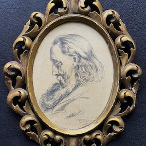 18thc Old Master Charcoal Portrait Drawing Carved Florentine Frame Bearded Elder