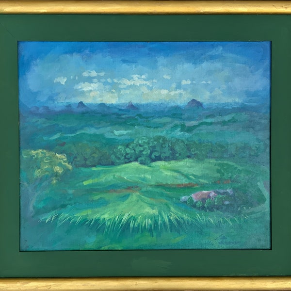 La favolosa pittura ad olio del paesaggio montuoso contemporaneo dei Pirenei