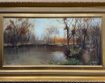 A Gorgeous Origianl Early 20th Century Autumn River Landscape Oil Painting