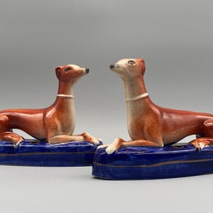 c. 1900 Pair of Antique Staffordshire Pottery Greyhound Inkwell Desk Pen Holders